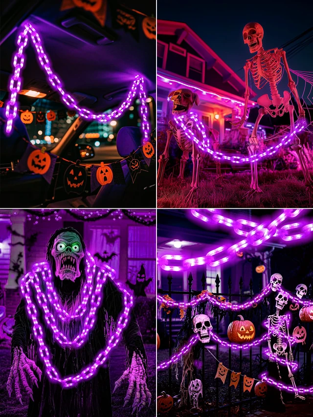 Alt view image 6 of 7 - Battery Halloween Chain Lights, 10 FT 160 LED Purple Light-Up Plastic Timer 8 Modes Battery Operated with Memory for Skeleton Dog, Yard Skeleton, Haunted House and Outdoor Decor Halloween Decorations