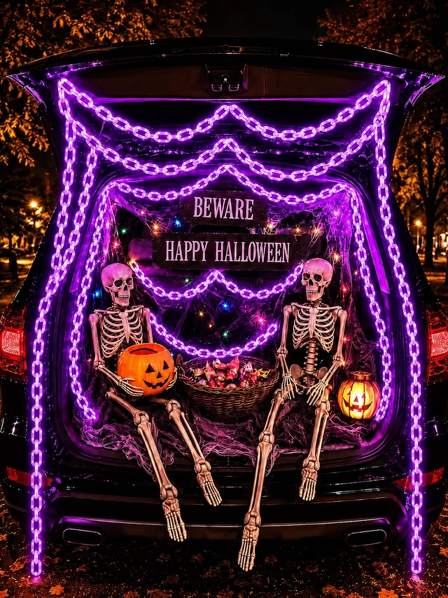 Alt view image 7 of 7 - Battery Halloween Chain Lights, 10 FT 160 LED Purple Light-Up Plastic Timer 8 Modes Battery Operated with Memory for Skeleton Dog, Yard Skeleton, Haunted House and Outdoor Decor Halloween Decorations