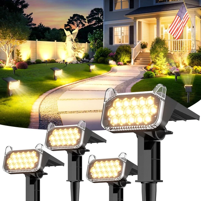 Main image of Solar Spot Lights Outdoor Waterproof IP65, Super Bright LEDs with Lens, 2 Lighting Modes, 2 in 1 Auto On/Off Solar Powered Spotlights for Outside Landscape Holiday Decor, 4 Pack, Warm White