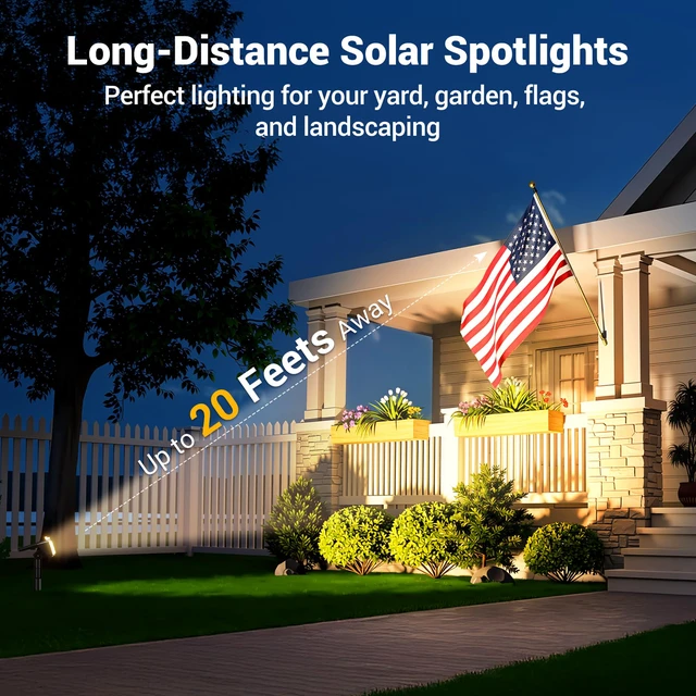 Alt view image 2 of 7 - Solar Spot Lights Outdoor Waterproof IP65, Super Bright LEDs with Lens, 2 Lighting Modes, 2 in 1 Auto On/Off Solar Powered Spotlights for Outside Landscape Holiday Decor, 4 Pack, Warm White