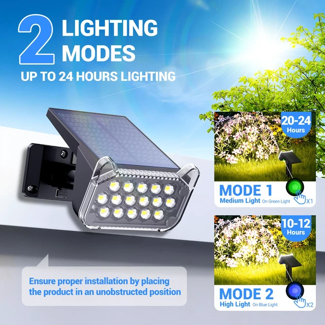 Alt view image 4 of 7 - Solar Spot Lights Outdoor Waterproof IP65, Super Bright LEDs with Lens, 2 Lighting Modes, 2 in 1 Auto On/Off Solar Powered Spotlights for Outside Landscape Holiday Decor, 4 Pack, Warm White