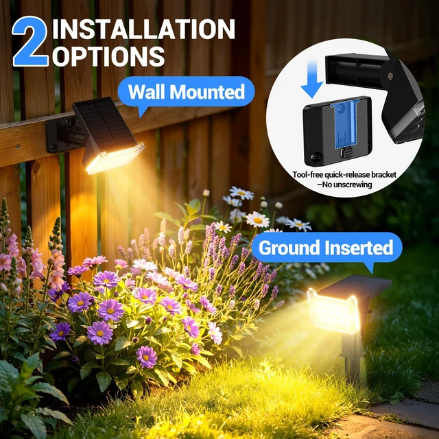 Alt view image 7 of 7 - Solar Spot Lights Outdoor Waterproof IP65, Super Bright LEDs with Lens, 2 Lighting Modes, 2 in 1 Auto On/Off Solar Powered Spotlights for Outside Landscape Holiday Decor, 4 Pack, Warm White