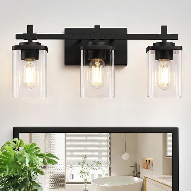 Main image of 3-Lights Bathroom Vanity Light Fixtures, Modern Black Vanity Lights Over Mirror with Clear Glass Shade for Bathroom, Wall Mounted Lamp for Bedroom Hallway Living Room