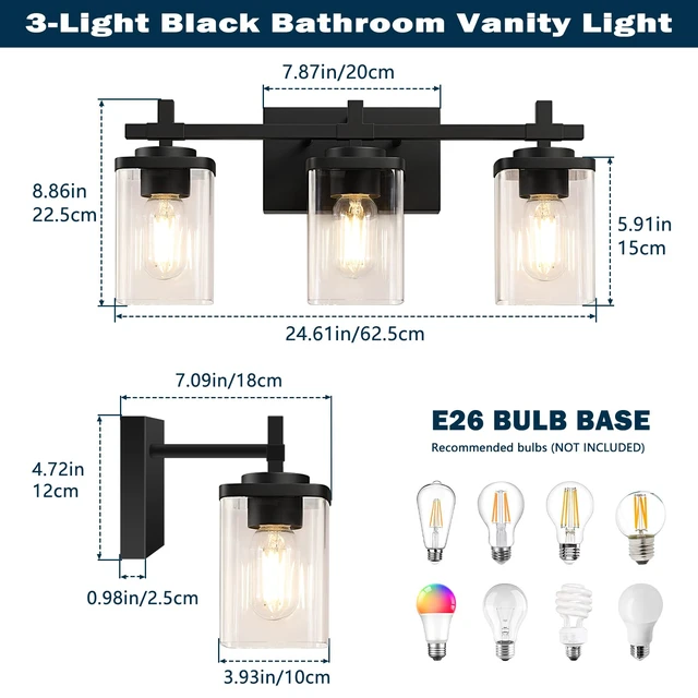 Alt view image 2 of 7 - 3-Lights Bathroom Vanity Light Fixtures, Modern Black Vanity Lights Over Mirror with Clear Glass Shade for Bathroom, Wall Mounted Lamp for Bedroom Hallway Living Room