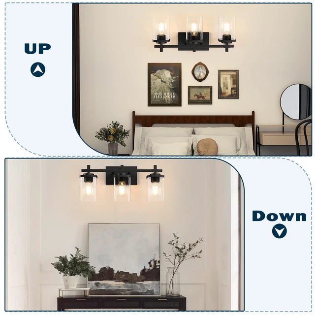 Alt view image 4 of 7 - 3-Lights Bathroom Vanity Light Fixtures, Modern Black Vanity Lights Over Mirror with Clear Glass Shade for Bathroom, Wall Mounted Lamp for Bedroom Hallway Living Room