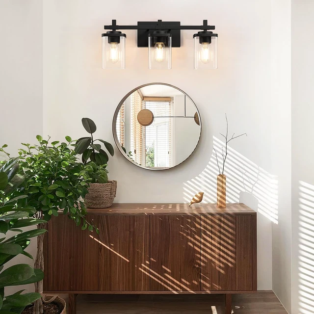Alt view image 6 of 7 - 3-Lights Bathroom Vanity Light Fixtures, Modern Black Vanity Lights Over Mirror with Clear Glass Shade for Bathroom, Wall Mounted Lamp for Bedroom Hallway Living Room