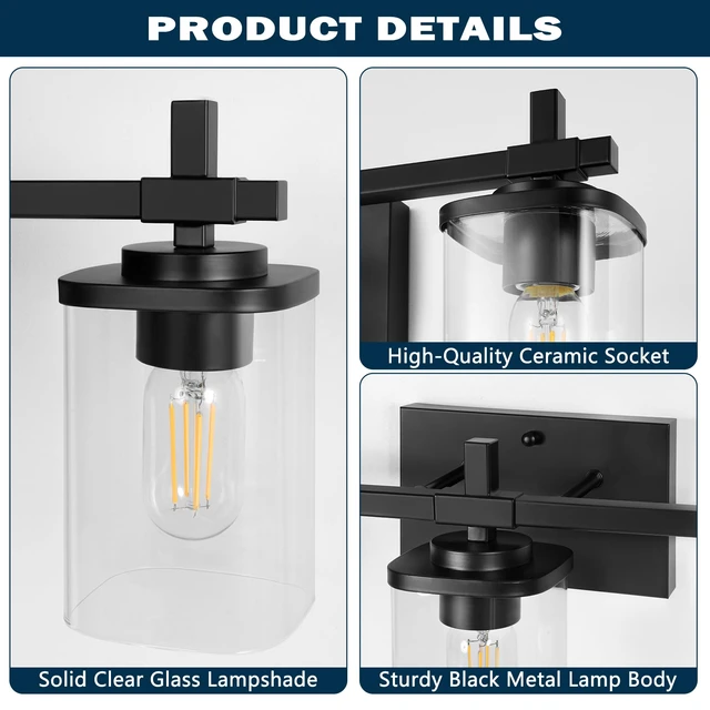 Alt view image 5 of 7 - 3-Lights Bathroom Vanity Light Fixtures, Modern Black Vanity Lights Over Mirror with Clear Glass Shade for Bathroom, Wall Mounted Lamp for Bedroom Hallway Living Room