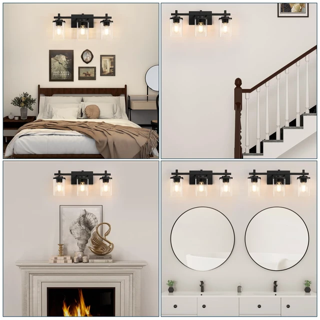 Alt view image 7 of 7 - 3-Lights Bathroom Vanity Light Fixtures, Modern Black Vanity Lights Over Mirror with Clear Glass Shade for Bathroom, Wall Mounted Lamp for Bedroom Hallway Living Room