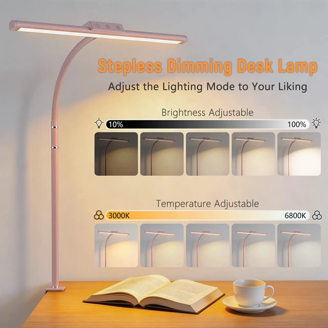Alt view image 2 of 7 - LED Desk Lamp for Home Office, Flexible Gooseneck Desk Lamp with Clamp 5 Color Touch Control Stepless Dimming Adjustable Eye-Caring Desk Light with Adapter for Reading, Study, Workbench (Pink)