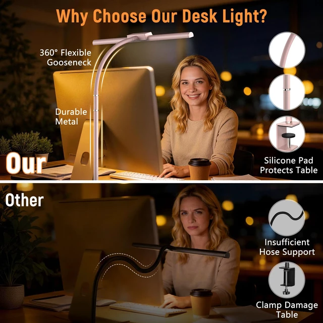 Alt view image 3 of 7 - LED Desk Lamp for Home Office, Flexible Gooseneck Desk Lamp with Clamp 5 Color Touch Control Stepless Dimming Adjustable Eye-Caring Desk Light with Adapter for Reading, Study, Workbench (Pink)