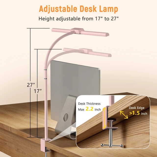 Alt view image 6 of 7 - LED Desk Lamp for Home Office, Flexible Gooseneck Desk Lamp with Clamp 5 Color Touch Control Stepless Dimming Adjustable Eye-Caring Desk Light with Adapter for Reading, Study, Workbench (Pink)