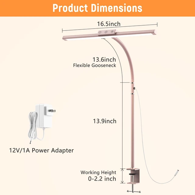 Alt view image 7 of 7 - LED Desk Lamp for Home Office, Flexible Gooseneck Desk Lamp with Clamp 5 Color Touch Control Stepless Dimming Adjustable Eye-Caring Desk Light with Adapter for Reading, Study, Workbench (Pink)