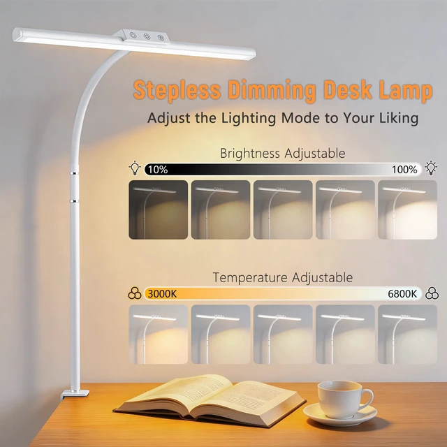 Alt view image 2 of 7 - LED Desk Lamp for Home Office, Flexible Gooseneck Desk Lamp with Clamp 5 Color Touch Control Stepless Dimming Adjustable Eye-Caring Desk Light with Adapter for Reading, Study, Workbench (White)