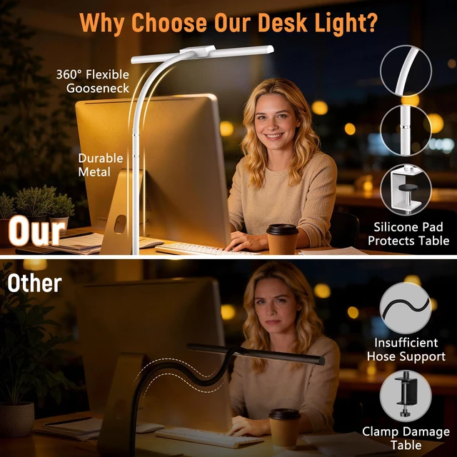 Alt view image 3 of 7 - LED Desk Lamp for Home Office, Flexible Gooseneck Desk Lamp with Clamp 5 Color Touch Control Stepless Dimming Adjustable Eye-Caring Desk Light with Adapter for Reading, Study, Workbench (White)
