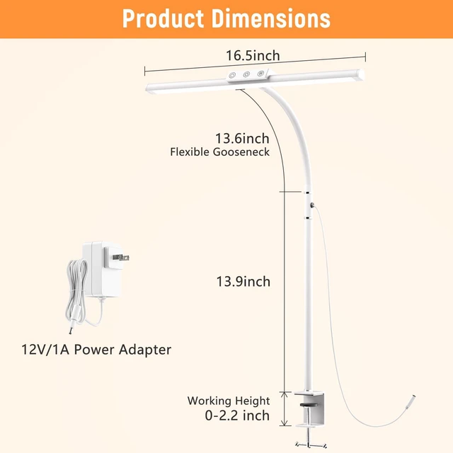 Alt view image 7 of 7 - LED Desk Lamp for Home Office, Flexible Gooseneck Desk Lamp with Clamp 5 Color Touch Control Stepless Dimming Adjustable Eye-Caring Desk Light with Adapter for Reading, Study, Workbench (White)