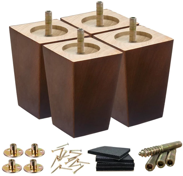 Main image of 4 Inch Wood Couch Legs Square Furniture Feet for Sofa Chair, 4 Pack 1500lbs heavy duty taper; fits dresser, bed, cabinet; includes M8 & 5/16 bolts; rubber floor protectors; brown finish