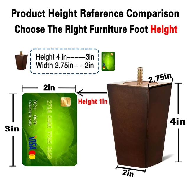 Alt view image 2 of 7 - 4 Inch Wood Couch Legs Square Furniture Feet for Sofa Chair, 4 Pack 1500lbs heavy duty taper; fits dresser, bed, cabinet; includes M8 & 5/16 bolts; rubber floor protectors; brown finish