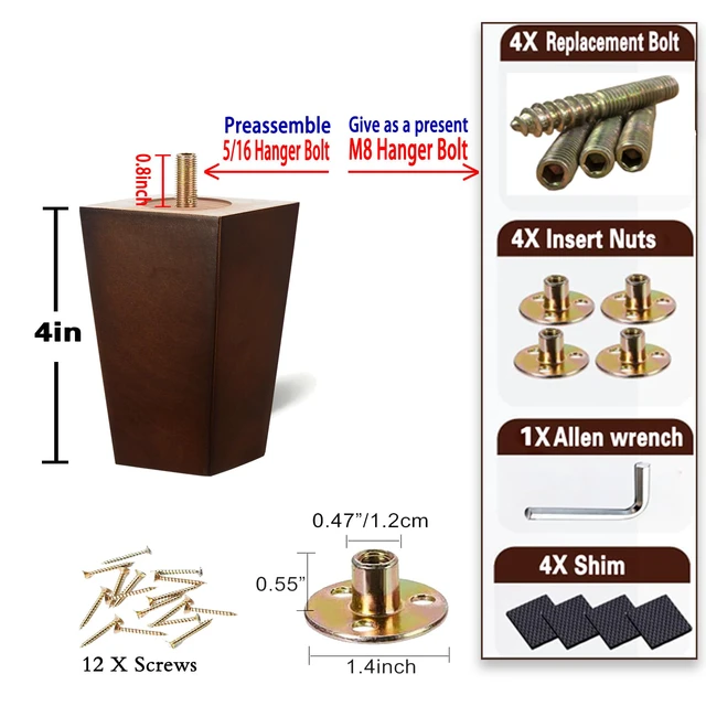 Alt view image 5 of 7 - 4 Inch Wood Couch Legs Square Furniture Feet for Sofa Chair, 4 Pack 1500lbs heavy duty taper; fits dresser, bed, cabinet; includes M8 & 5/16 bolts; rubber floor protectors; brown finish