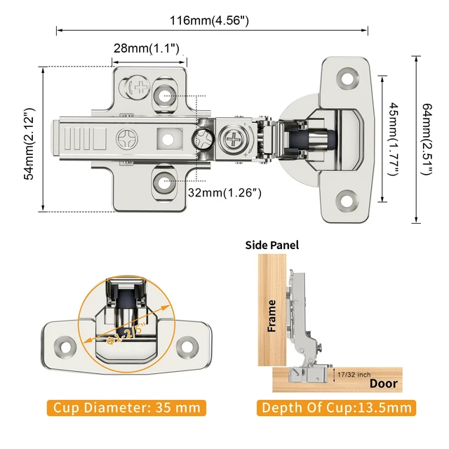 Alt view image 6 of 7 - 10 Pack Frameless Half Overlay Soft Close Concealed European Hinges, Self Closing Satin Nickel, 105 ° Open Angle 4D Adjustment, Speed Control, Clip On, Stainless Steel for Cabinet Door
