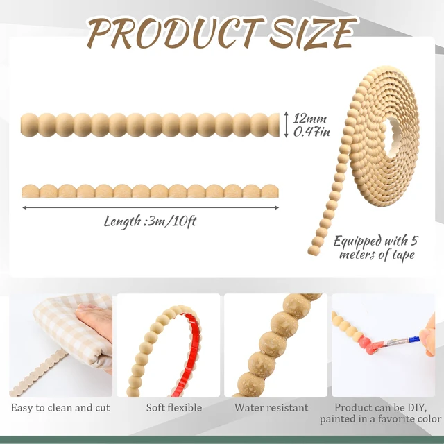 Alt view image 2 of 7 - Flexible Bead Molding Trim Peel and Stick Wood 10ft /12 mm Pearl Beads Design for Mirror Frame, Bathroom Backsplash, TV Wall Edge, Ceiling, Cabinet, Foam Material, Easy DIY