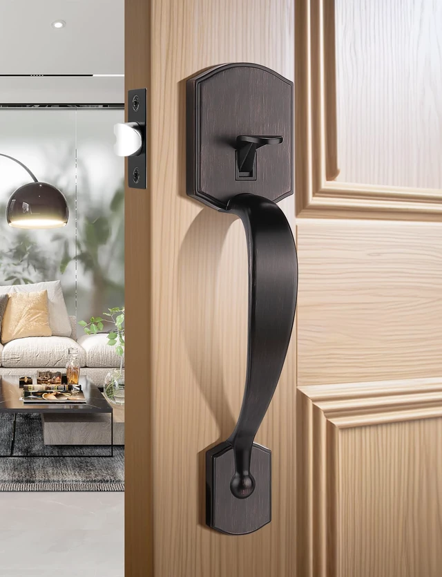 Alt view image 3 of 7 - Oil Rubbed Bronze Front Door Handle No Lock 45° EasySwing Door Handle, Compatible with Smart Lock & Deadbolt for Household Front Door