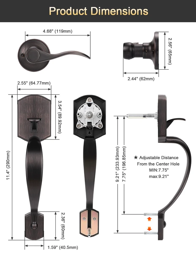 Alt view image 6 of 7 - Oil Rubbed Bronze Front Door Handle No Lock 45° EasySwing Door Handle, Compatible with Smart Lock & Deadbolt for Household Front Door