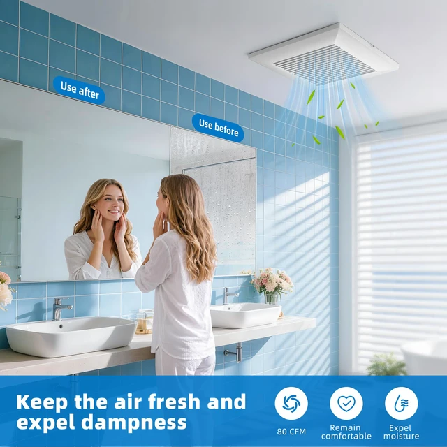 Alt view image 2 of 7 - Bathroom Exhaust Fan 80 CFM 0.9 Sones Very Quiet with Metal Housing, Ceiling Mount Ventilation Fan Large Air-flow Capacity, Energy-Saving Household Bath Vent Extractor, White Plastic Grille
