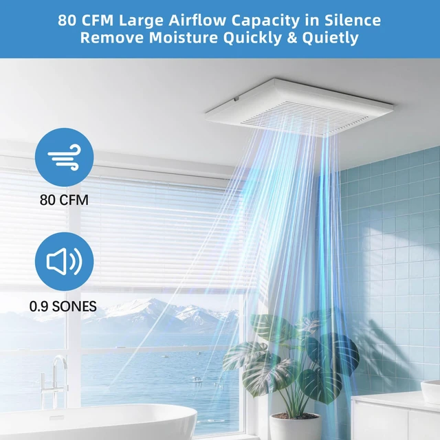 Alt view image 3 of 7 - Bathroom Exhaust Fan 80 CFM 0.9 Sones Very Quiet with Metal Housing, Ceiling Mount Ventilation Fan Large Air-flow Capacity, Energy-Saving Household Bath Vent Extractor, White Plastic Grille
