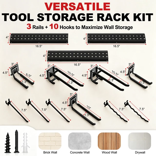 Alt view image 2 of 7 - Garage Tool Organizer Wall Mount 49.5 inches with 10 Adjustable Heavy-Duty Hooks, Garage Organization, Garden Tool Storage Rack, Yard, and Shed, Holds Up to 400 lbs