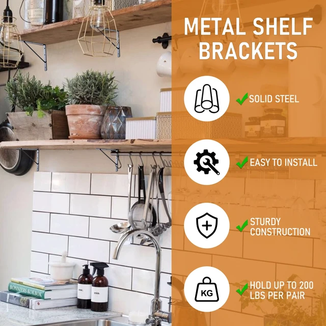 Alt view image 4 of 7 - Wall Shelf Brackets, 10x8 Inch L Brackets, 10 Pack 200lbs Load Capacity, Sleek Metal Design with Screws, Ideal for Wood Shelves in Living Room/Bedroom/Office/Studio, Black