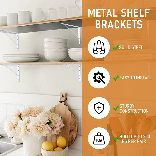 Alt view image 2 of 7 - Wall Shelf Brackets, 10x8 Inch L Brackets, 10 Pack 200lbs Load Capacity, Sleek Metal Design with Screws, Ideal for Wood Shelves in Living Room/Bedroom/Office/Studio, White