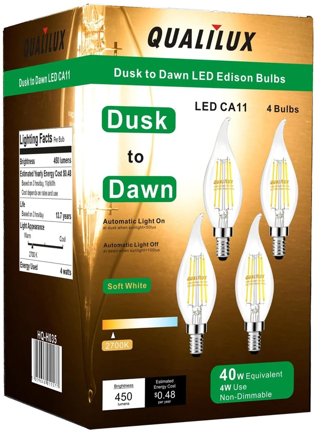 Main image of Dusk to Dawn Candelabra Bulbs Outdoor, CA11 Vintage, Candle Flame Tip Full Glass, Non-Plastic, Soft White 2700K, 4W=40W, 450LM LED Light Sensing Auto On/Off Bulb, E12 Base, 4-Pack, HQ-H035