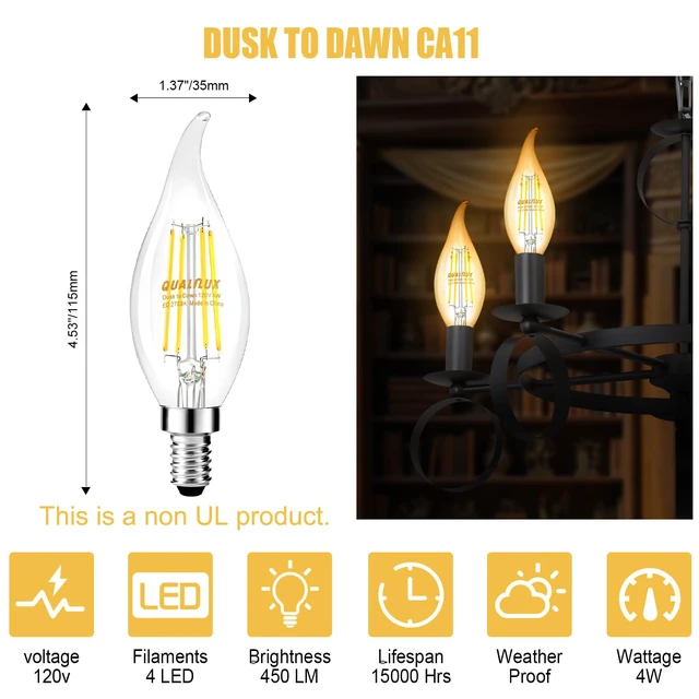 Alt view image 5 of 7 - Dusk to Dawn Candelabra Bulbs Outdoor, CA11 Vintage, Candle Flame Tip Full Glass, Non-Plastic, Soft White 2700K, 4W=40W, 450LM LED Light Sensing Auto On/Off Bulb, E12 Base, 4-Pack, HQ-H035
