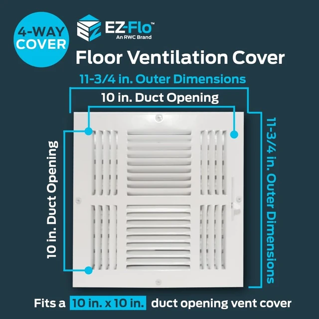 Alt view image 2 of 7 - 10 x 10 Inch (Duct Opening) Air Vent Cover for Wall or Ceiling, Four-Way Ventilation Register, Solid Steel HVAC Register Cover, White, 61619