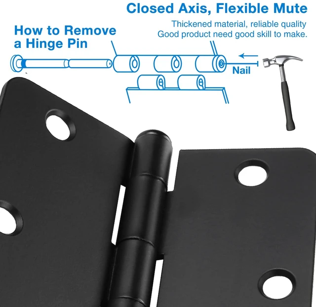 Alt view image 4 of 6 - 18 Pack Black Door Hinges Black Matte Black Hinges for Doors 3 1/2 Interior Door Hinges 3.5" x3.5 Inch Hinges Rounded 1/4" Raidus Standard Residential Bedroom Door Hinge Sturdy Door Hardware