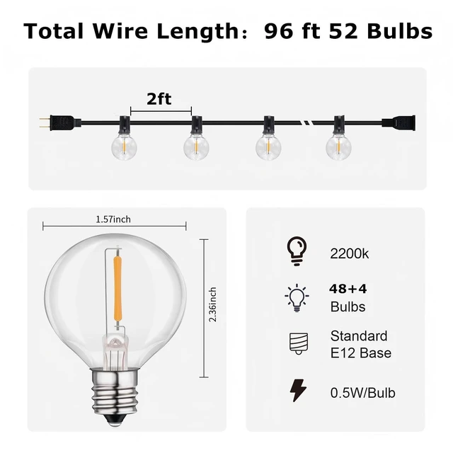 Alt view image 3 of 7 - 96FT LED Dimmable Outdoor String Lights with Remote 52 Edison Bulbs, Hanging Patio Lights For Backyard Balcony Bistro Cafe Decorative