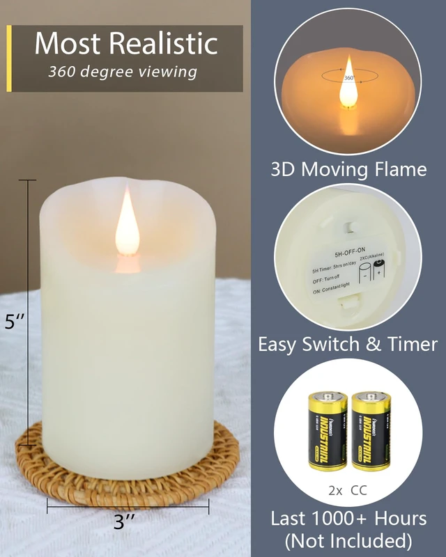 Alt view image 2 of 6 - Flameless Candles Flickering 3D Moving Flame, Last 1000+ Hours Battery Operated Candles with Timer, Ivory Real Wax Electric LED Pillar Candles for Home Wedding Decoration | 3" x 5"