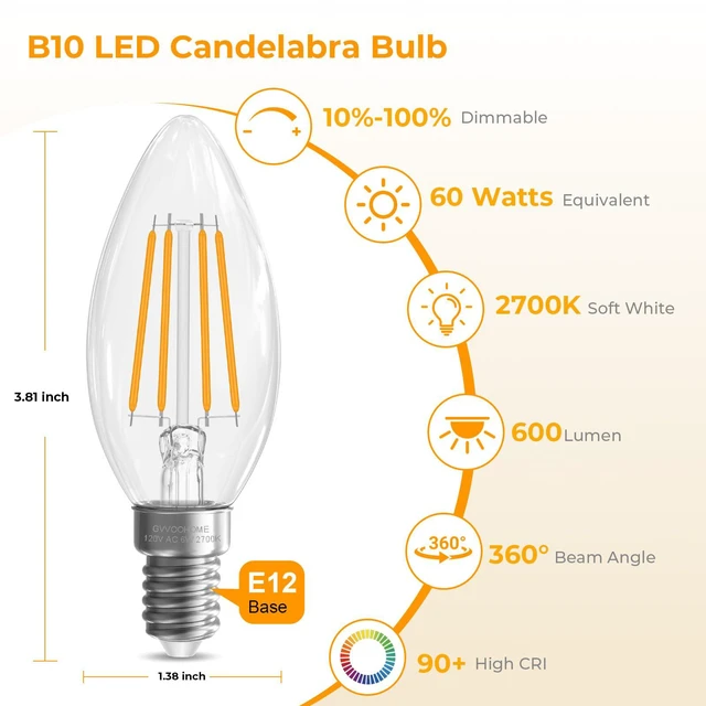 Alt view image 2 of 7 - Candelabra Light Bulbs, E12 LED Bulb Dimmable 2700K Warm White, 24 Pack 6W LED 60 watt Equivalent, E12 Base B10 Candle Light Bulb for Chandelier, Ceiling Fan, 90+CRI, 600LM, Clear Glass