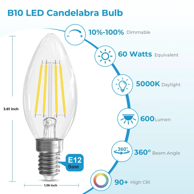 Alt view image 2 of 7 - Candelabra Light Bulbs 60 watt Equivalent, Dimmable LED E12 Bulb, 24 Pack 5000K Daylight White, E12 Base B10 Candle Light Bulb for Chandelier, Ceiling Fan, 90+CRI, 600LM, Clear Glass