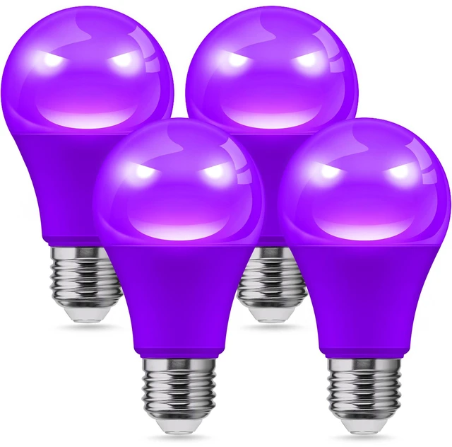 Main image of Halloween Purple Light Bulbs Outdoor, A19 E26 Porch Lights 6W Dusk to Dawn Sensor, 40W Equivalent, Purple Colored Light Bulb, Auto-On/Off E26 Base for Party Patio Backyard Indoor, 4 Pack