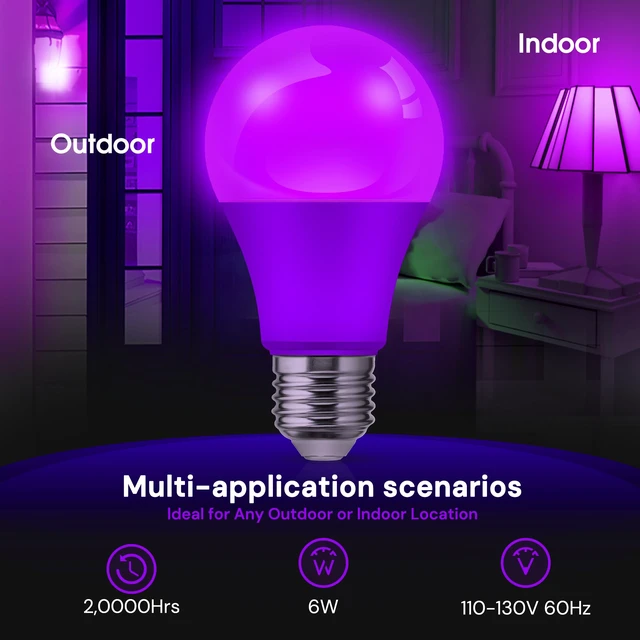 Alt view image 3 of 7 - Halloween Purple Light Bulbs Outdoor, A19 E26 Porch Lights 6W Dusk to Dawn Sensor, 40W Equivalent, Purple Colored Light Bulb, Auto-On/Off E26 Base for Party Patio Backyard Indoor, 4 Pack