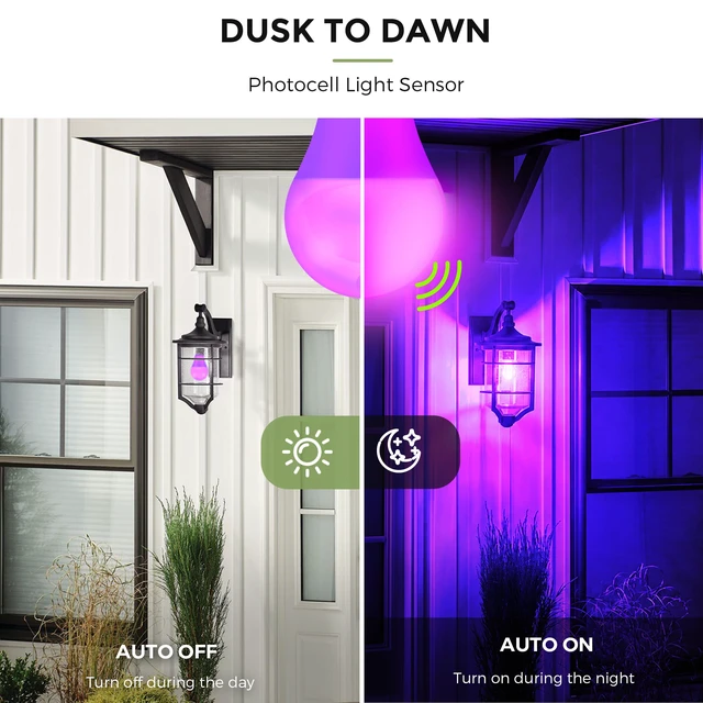 Alt view image 2 of 7 - Halloween Purple Light Bulbs Outdoor, A19 E26 Porch Lights 6W Dusk to Dawn Sensor, 40W Equivalent, Purple Colored Light Bulb, Auto-On/Off E26 Base for Party Patio Backyard Indoor, 4 Pack