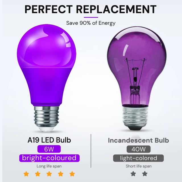 Alt view image 4 of 7 - Halloween Purple Light Bulbs Outdoor, A19 E26 Porch Lights 6W Dusk to Dawn Sensor, 40W Equivalent, Purple Colored Light Bulb, Auto-On/Off E26 Base for Party Patio Backyard Indoor, 4 Pack