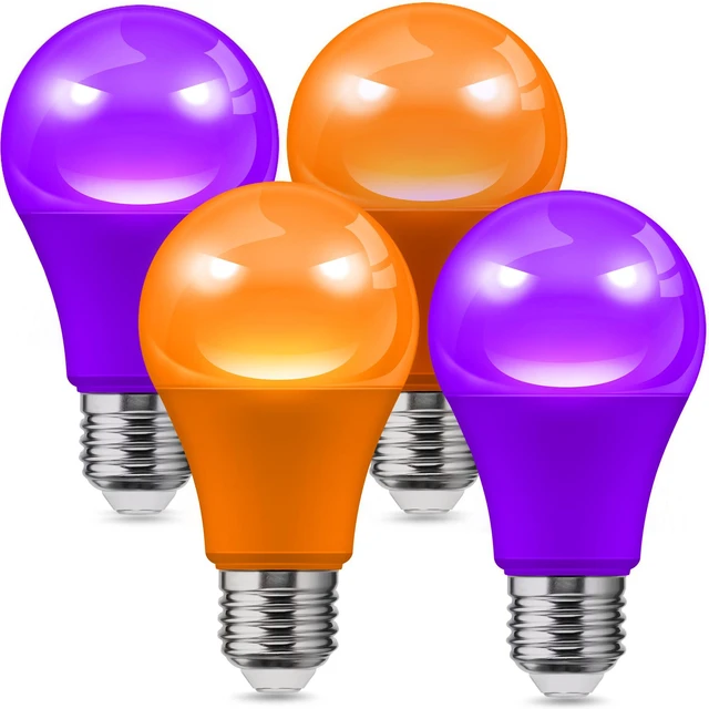 Main image of Halloween Orange Purple Light Bulbs Outdoor,A19 E26 Porch Light Auto Dusk to Dawn Sensor, 40W Equivalent, 6W Colored Light Bulb, E26 Base for Party Patio Backyard, Thanksgiving Day, 4 Pack