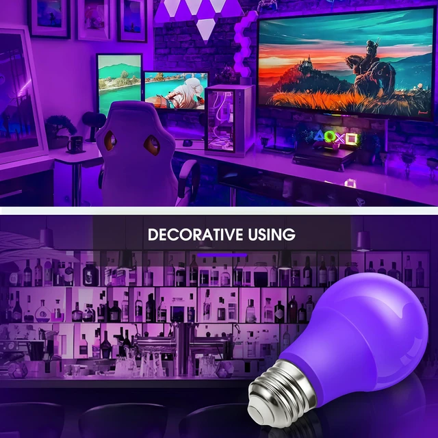 Alt view image 6 of 7 - Halloween Purple Light Bulbs Outdoor, A19 E26 Porch Lights 6W Dusk to Dawn Sensor, 40W Equivalent, Purple Colored Light Bulb, Auto-On/Off E26 Base for Party Patio Backyard Indoor, 4 Pack