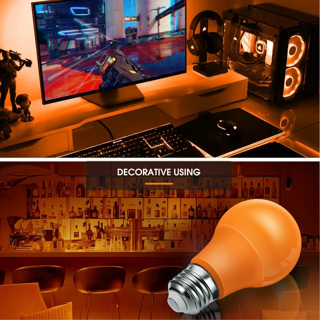 Alt view image 6 of 7 - Halloween Orange Purple Light Bulbs Outdoor,A19 E26 Porch Light Auto Dusk to Dawn Sensor, 40W Equivalent, 6W Colored Light Bulb, E26 Base for Party Patio Backyard, Thanksgiving Day, 4 Pack