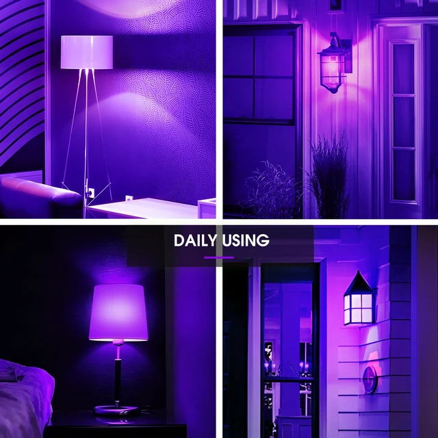 Alt view image 7 of 7 - Halloween Purple Light Bulbs Outdoor, A19 E26 Porch Lights 6W Dusk to Dawn Sensor, 40W Equivalent, Purple Colored Light Bulb, Auto-On/Off E26 Base for Party Patio Backyard Indoor, 4 Pack