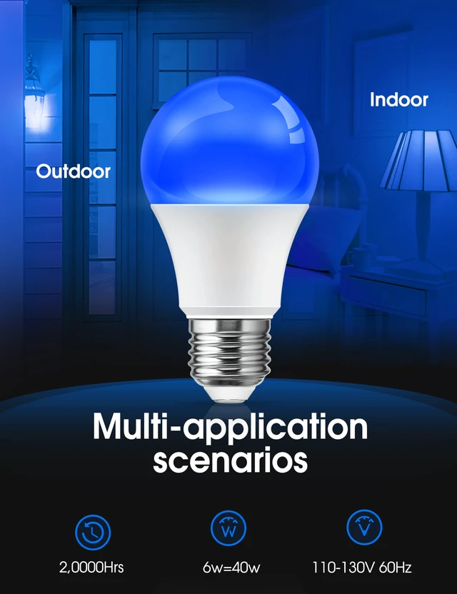 Alt view image 2 of 7 - Blue Light Bulbs Outdoor, Dusk to Dawn Sensor A19 Blue Porch Lights 40W Equivalent, 6W Colored Light Bulb, Auto-On/Off E26 Base for Christmas Party Wedding Patio Backyard, 4 Pack