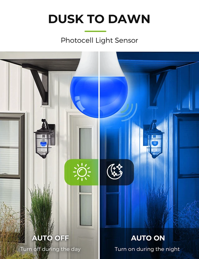 Alt view image 3 of 7 - Blue Light Bulbs Outdoor, Dusk to Dawn Sensor A19 Blue Porch Lights 40W Equivalent, 6W Colored Light Bulb, Auto-On/Off E26 Base for Christmas Party Wedding Patio Backyard, 4 Pack