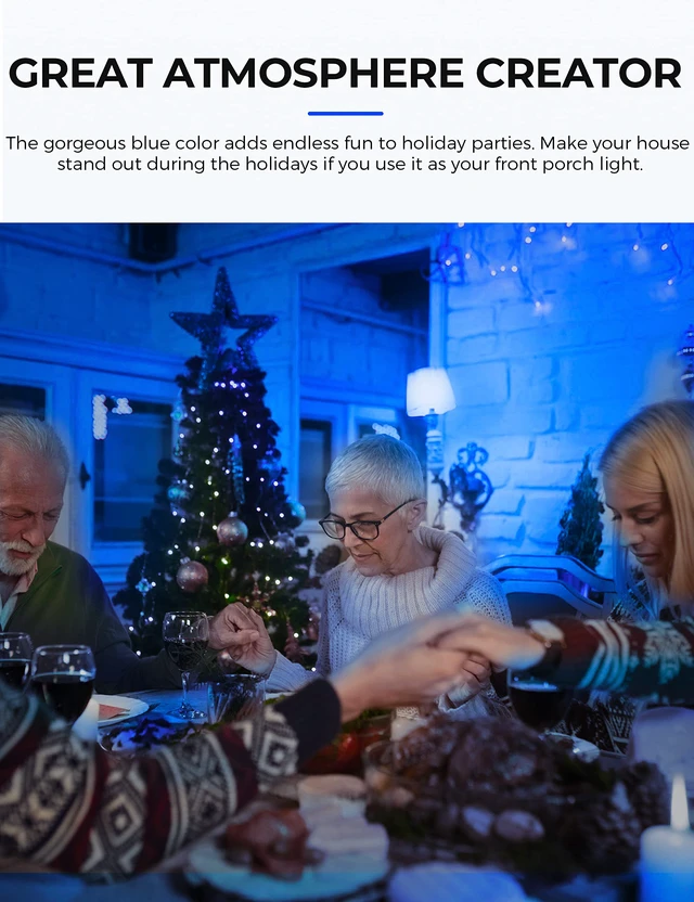Alt view image 4 of 7 - Blue Light Bulbs Outdoor, Dusk to Dawn Sensor A19 Blue Porch Lights 40W Equivalent, 6W Colored Light Bulb, Auto-On/Off E26 Base for Christmas Party Wedding Patio Backyard, 4 Pack